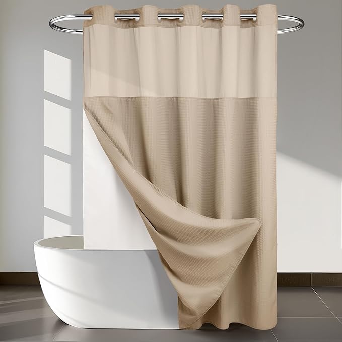 River Dream Heavyweight No Hooks Required Dotted Waffle Weave Shower Curtain with Snap in Liner - 71W x 74H,Hotel Grade,Spa Like Bath Curtain,Linen