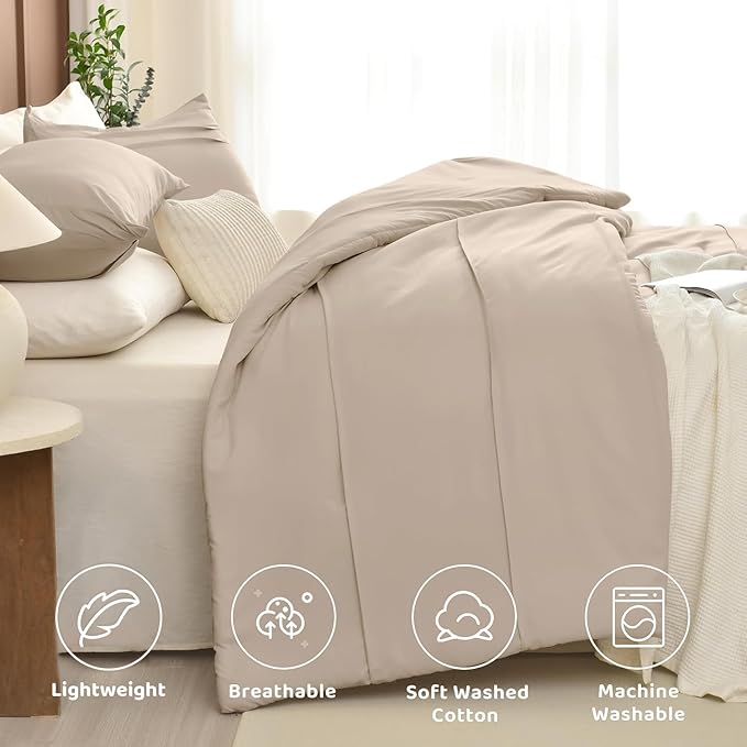 Sanracie Cotton Queen Comforter Set(90"x 95"),Pinch Pleated Linen Colored Breathable Comforter Sets 3Pcs Extra Soft Lightweight Neutral Bedding Set for All Season