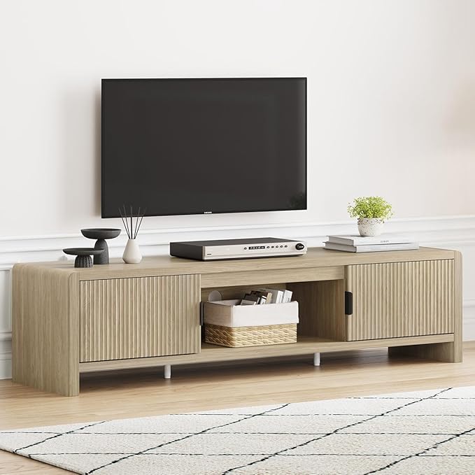 FATORRI TV Stand for TVs up to 75/65/55 Inch, Wood Entertainment Center with Storage, Farmhouse Waveform Fluted-Door Television Media Console for Living Room, Bedroom (63 Inch W, Light Walnut)