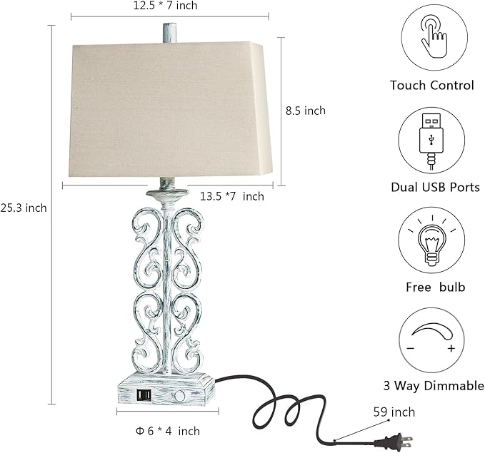 25" Coastal Set of 2 Touch Resin Table Lamps for Living Room with 3-Way Dimmable Dual USB Ports, Rustic Farmhouse Lamps for Bedside Bedroom, Nightstand Home Decor, 2 Bulbs Included