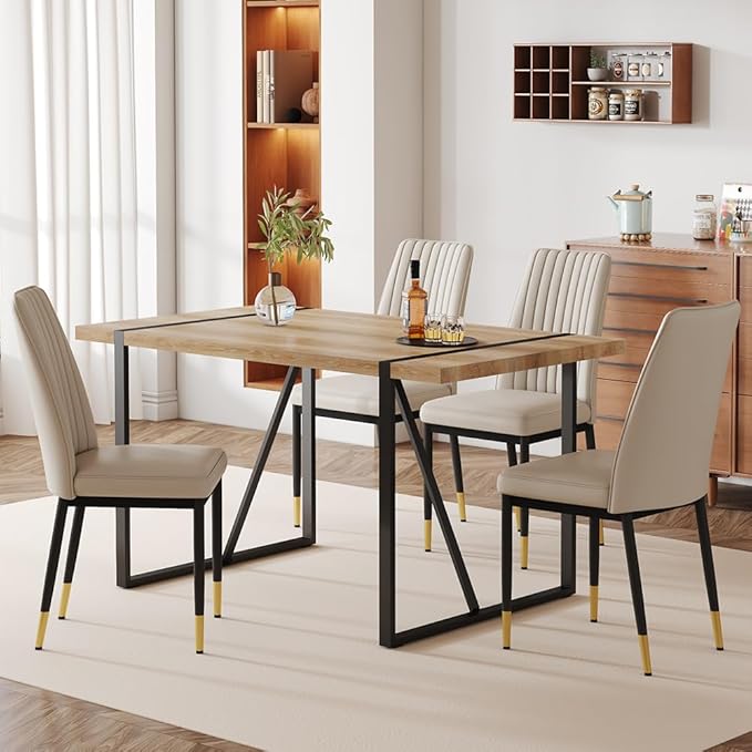 Dining Table Chairs Set for 4, Modern Rectangular Dining Room Table Set PU Leather Upholstered Dining Chairs 55" Dinner Table Set for Kitchen, Dining Room (Dining Table Set for 4, Grey)