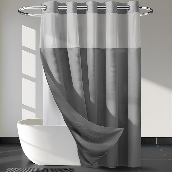 River Dream Heavyweight Grey No Hooks Required Dotted Waffle Weave Shower Curtain with Snap in Liner - 71W x 74H,Hotel Grade,Spa Like Bath Curtain,Gray