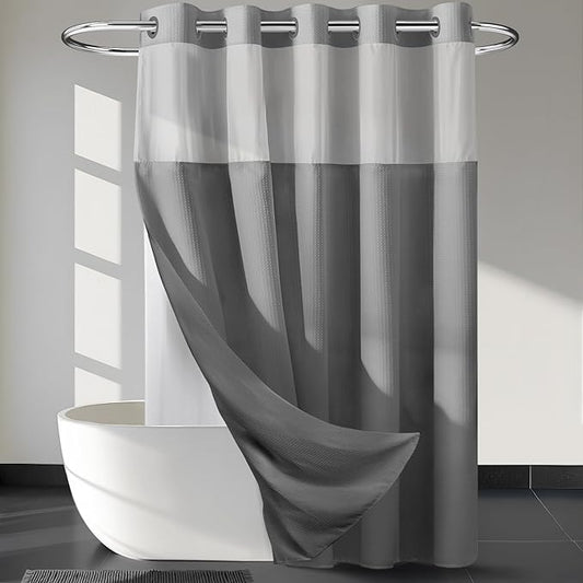 River Dream Heavyweight Grey No Hooks Required Dotted Waffle Weave Shower Curtain with Snap in Liner - 71W x 74H,Hotel Grade,Spa Like Bath Curtain,Gray