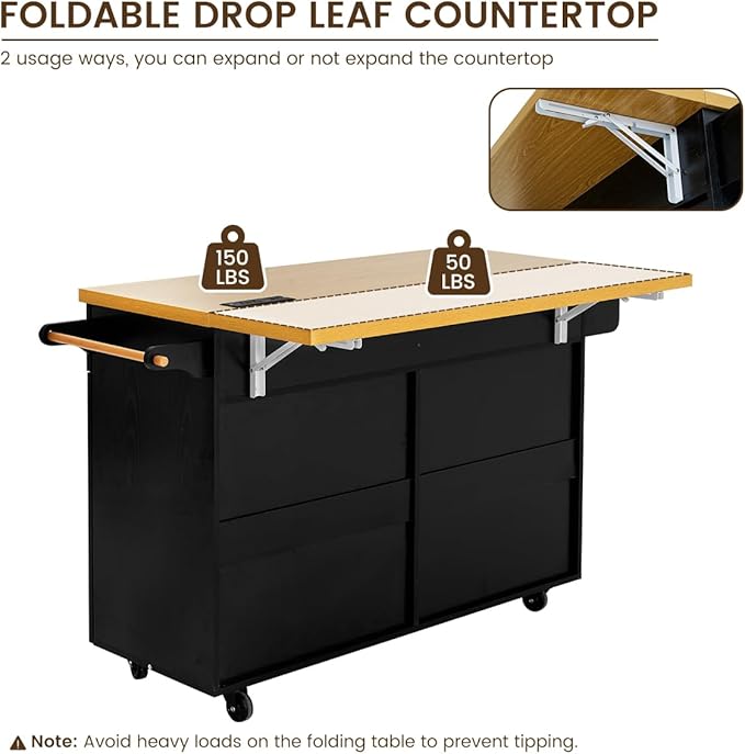 COCO DESIGN 60" Rolling Kitchen Cart with Power Strip & Drop Leaf, Thick Countertop, Large Storage Cabinet & Drawers, Mobile Island with Locking Wheels, Towel Rack and Spice Rack for Kitchen, Black