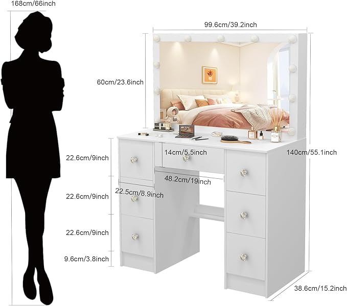 JBLCC Vanity Desk with Mirror and Lights, 39.4''W White Makeup Vanity with 3-Color Lighted Mirror, 7 Drawers & Open Shelves, Big Vanity Table for Bedroom, Girls & Women