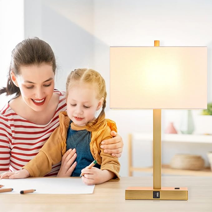 21" Touch Bedside lamps with 2 USB & AC Outlets, 3-Way Dimmable Bedside Table Lamps Set of 2 for Bedroom Living Room Office Reading, White Shade Lamps for Night Stands, 2700K LED Bulbs Included