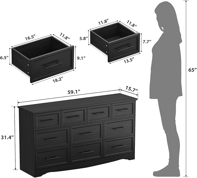 Black Dresser for Bedroom, 10 Drawer Dresser, 59" Wide Chest of Drawers w/Brushed Metal Handle, Wood Closet Organizers and Storage Cabinet for Bedroom, Living Room, Hallway