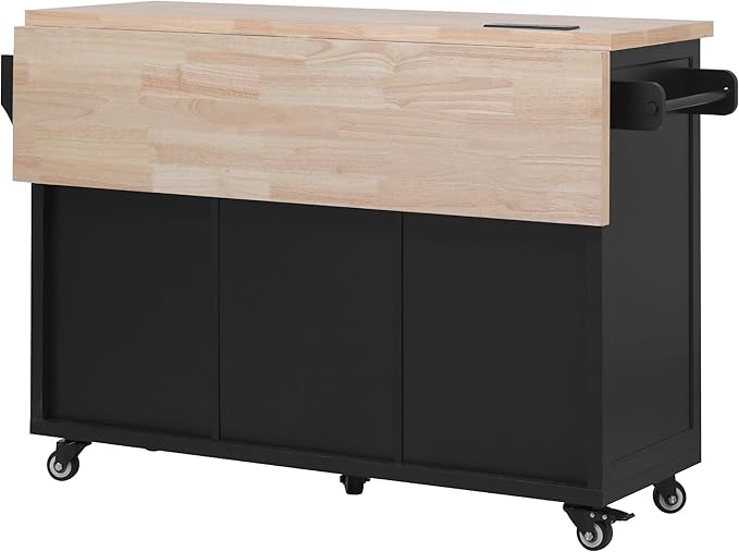 Merax 56.5" Kitchen Island with Drop Leaf, Power Outlet, Embossed Vertical Stripe Rolling Kitchen Cart on Wheels with 4 Doors, 5 Deep Drawers and Adjustable Shelves for Dining Room, Black