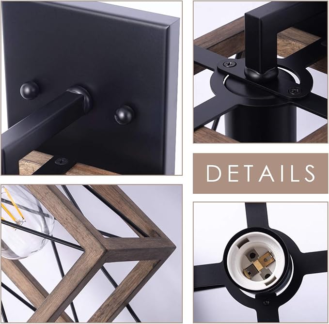 VILUXY Wood Wall Sconces Retro Industrial Rectangle Bedside Wall Sconce Plug-in Cord with Switch Lighting Fixture Black Wall Lamp for Bedroom, Hallway, Entryway, Passway, Dining Room 2 Pack