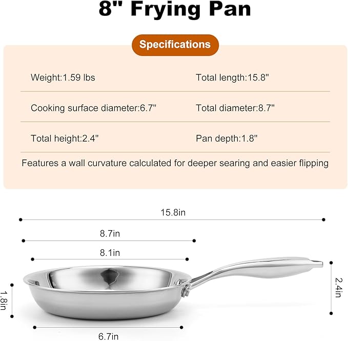 Stainless Steel Pan，Non-Toxic PFAS, PFOA & PTFE Free, Compatible With All Cooktops & Induction Safe, Oven Safe Pan for Searing & Sautéing, Long Lasting Cookware.8.10.12 In (8-Inch)