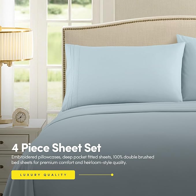 Sweet Home Collection 1500 Supreme Collection Twin Sheet Sets Light Blue - 3 Piece Bed Sheets and Pillowcase Set for Twin Mattress - Extra Soft, Elastic Corner Straps, Deep Pocket Sheets