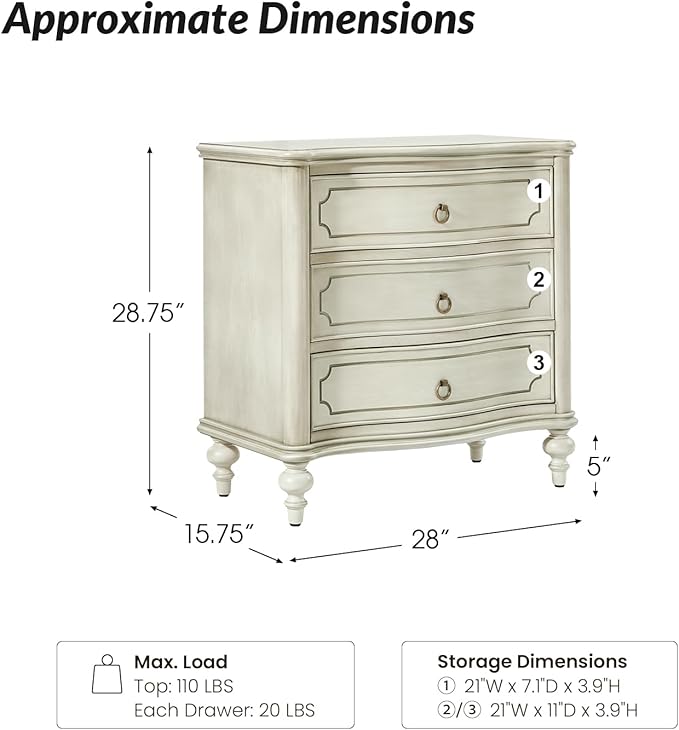 HULALA HOME Traditional Side Tables with 3 Drawers, Tall Side Table with Curved Front Profle Desgin, Charging Station, Solid Wood Legs, Set of 2, White