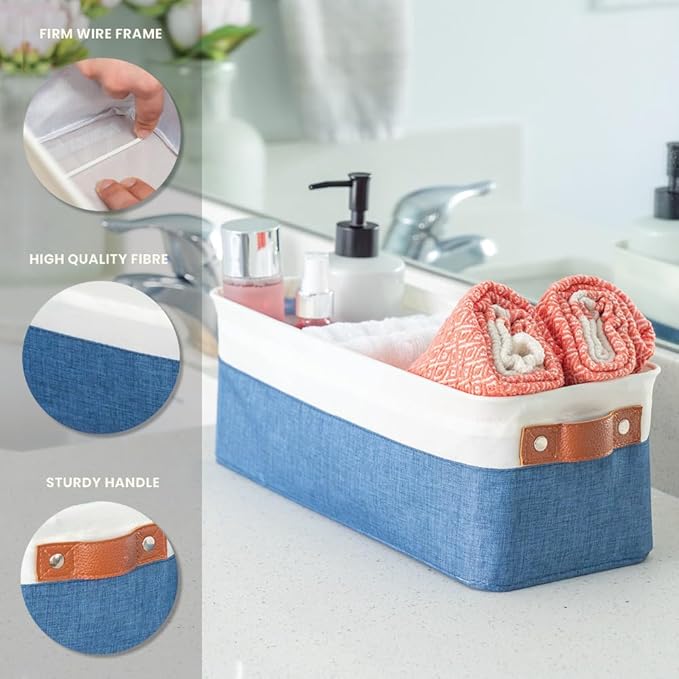 OrganiHaus Narrow Storage Bins 15x06in, Small Closet Bins for Shelves, Bathroom Storage Baskets for Shelves, Narrow Baskets, Fabric Organizer with Handles, Toilet Paper Organizer - 2 Pack, Navy Blue