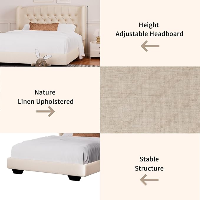 Rosevera Upholstered Queen Bed Frame with Adjustable Tufted Headboard,Classic Solid Wood Bed Frame with Wingback Headboard for Bedroom,Beige (Beige, King (U.S. Standard))