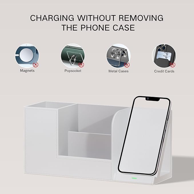 Multi-Functional Pencil Holder for Desk, Desk Organizers and Accessories with 4 Compartments for Office Art Supplies,Desk Phone Stand Charger for Desktop/Counter,Wihte Office Storage for Pens, Keys