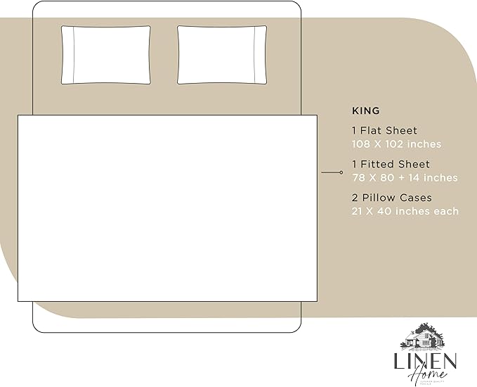 Linen Home 100% Cotton Percale Sheets King Size, Light Taupe, Deep Pocket, 4 Pieces Set - 1 Flat, 1 Deep Pocket Fitted Sheet and 2 Pillowcases, Crisp Cool and Strong Bed Linen