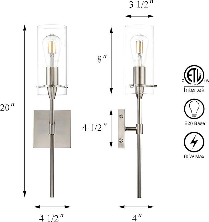XiNBEi Lighting Bathroom Wall Sconces Set of 2, Modern 1 Light Brushed Nickel Wall Sconce with Clear Glass Indoor Vanity Sconces for Bathroom Hallway & Living Room