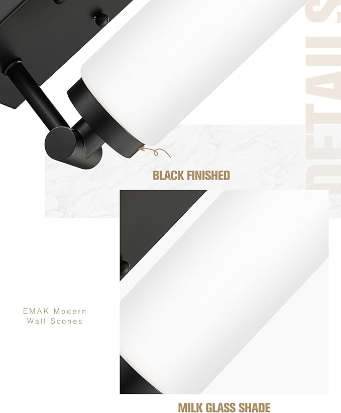 Emak Black Sconces Set of 2, Modern Wall Lights with Milk Glass Shade, Farmhouse Vanity Lights for Bathroom, Living Room, Bedroom, Gallery, WS086-BK-ML-2PK