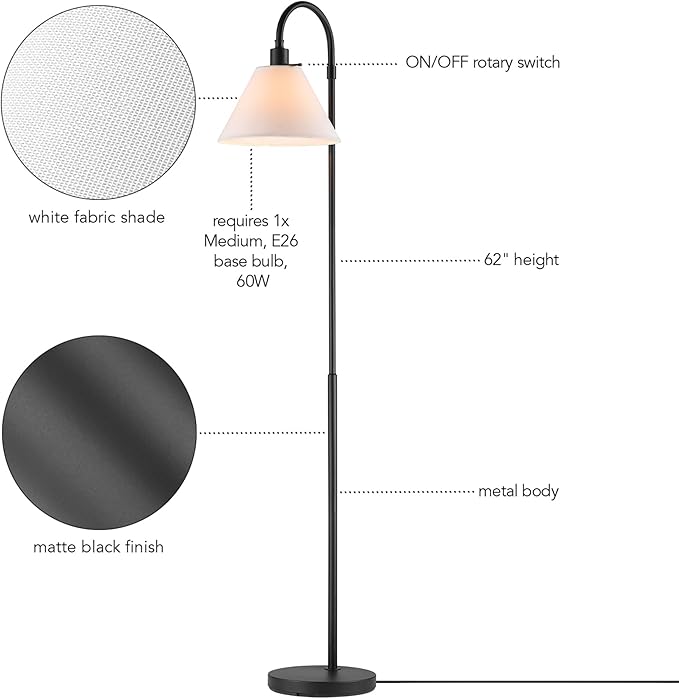 GLOBE Electric 61000146 62" Floor Lamp, Matte Black, White Fabric Shade, On/Off Rotary Switch on Socket, 6-Foot Black Cord, Reading Light, Bedroom, Living Room, Home Decor