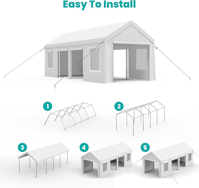 13x25ft Carport, Heavy Duty Carport with Reinforced Steel Poles, Upgraded Portable Garage with Doors & Window, UV Resistant All-Season Waterproof Tarp, for Car, Truck, Boat(White)