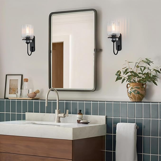 Wall Sconce Set of Two, Bathroom Modern Black Vanity Light Fixture with Clear Glass Shade Indoor Wall Light for Living Room, Bedroom, Hallway, Mirror and Kitchen