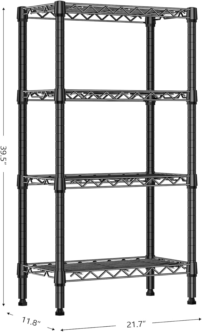 1000 lbs 4 Tier Shelf Metal Storage Shelves Wire Rack Closet Organizers with PP Board for Garage Kitchen Bathroom Laundry Black 11.8" D x 21.7" W x 39.5" H