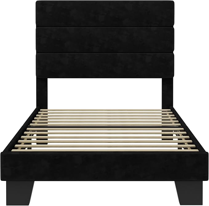 SHA CERLIN Twin Platform Bed Frame with Velvet Upholstered Headboard, Mattress Foundation with Strong Wooden Slats Support, No Box Spring Needed, Black