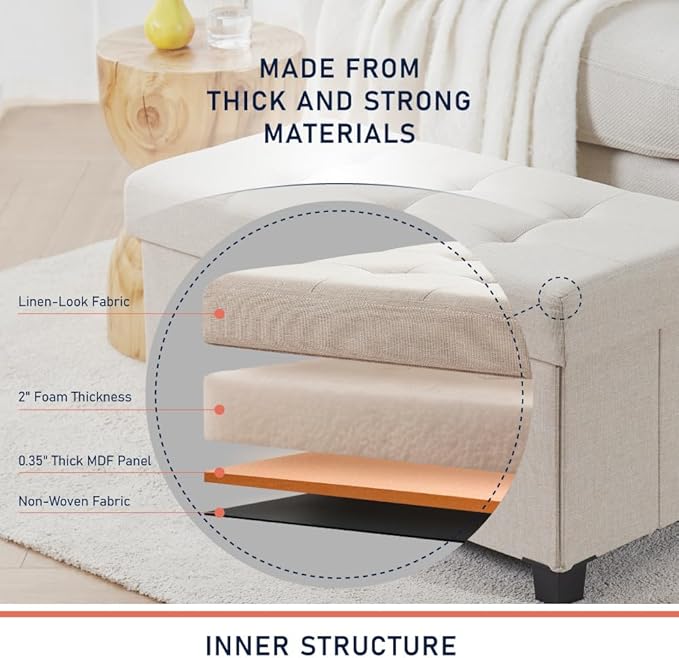 Ornavo Home 30 Inch Storage Ottoman, Large Storage Bench, Ottoman with Storage with Legs, Foot Rest Stool, Bedroom Bench - Beige