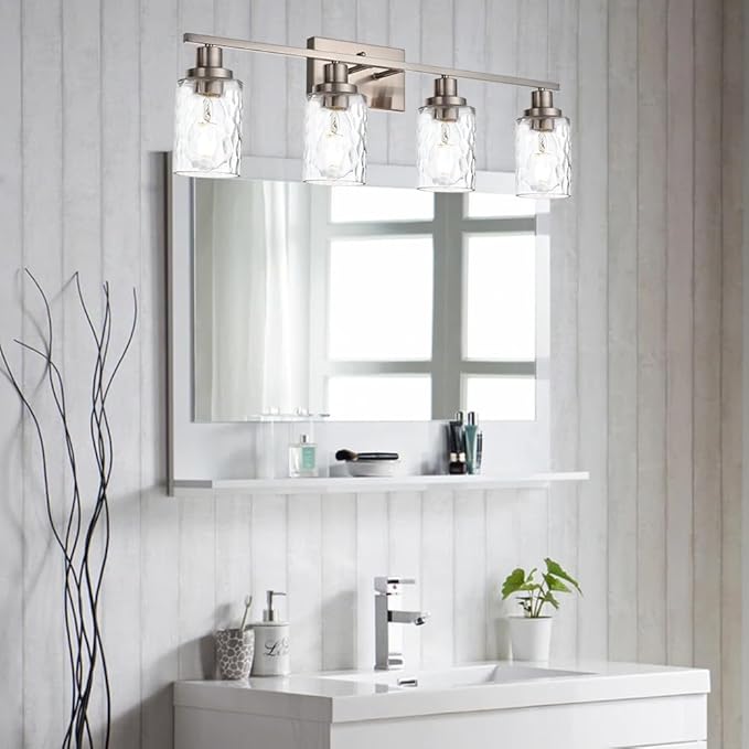MELUCEE 4-Light Wall Light Fixtures Brushed Nickel Bathroom Vanity Light with Clear Hammered Glass Shade, Modern Wall Lamp for Powder Room Bedroom Porch (Patent No.: US D963914 S)