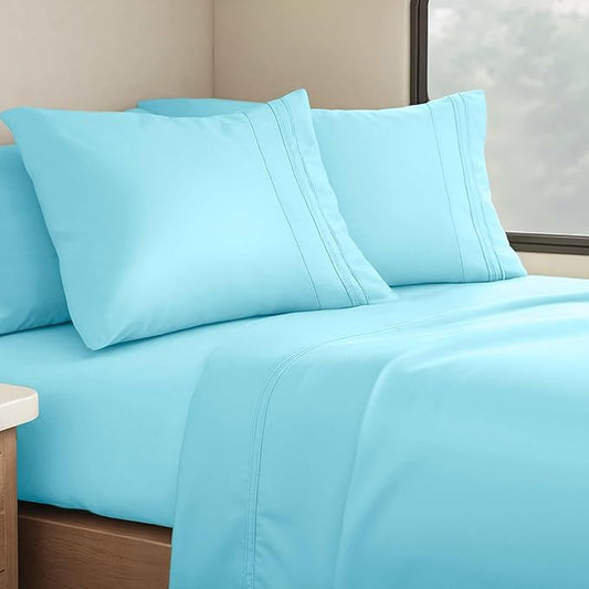 Clara Clark Bed Sheets, Premier 1800 Series 4 Piece RV Queen Sheet Set, Luxury Soft Sheets for RV Bunks, Short Queen - Beach Blue