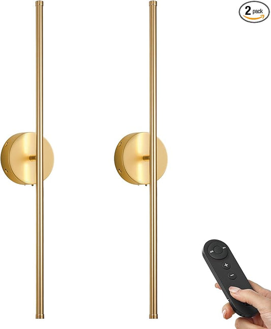 Battery Operated Wall Sconces with Remote Control, Dimmable Wall Sconces Set of Two, 350°Rotate, 3000K LED Gold Wireless Wall Light for Living Room, Bedroom, Hallway, 28.3 Inch (2 Pack)