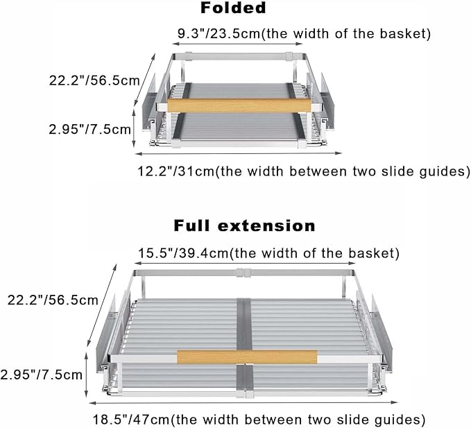 Expandable Pull Out Cabinet Organizers,Adjustable Width W:12.2”-18.5” x D:22.5”,Slide Out Wire Storage Drawers,Heavy Duty Stainless Steel Gliding Cupboard Shelves for Kitchen,Under Sink,2 Packs