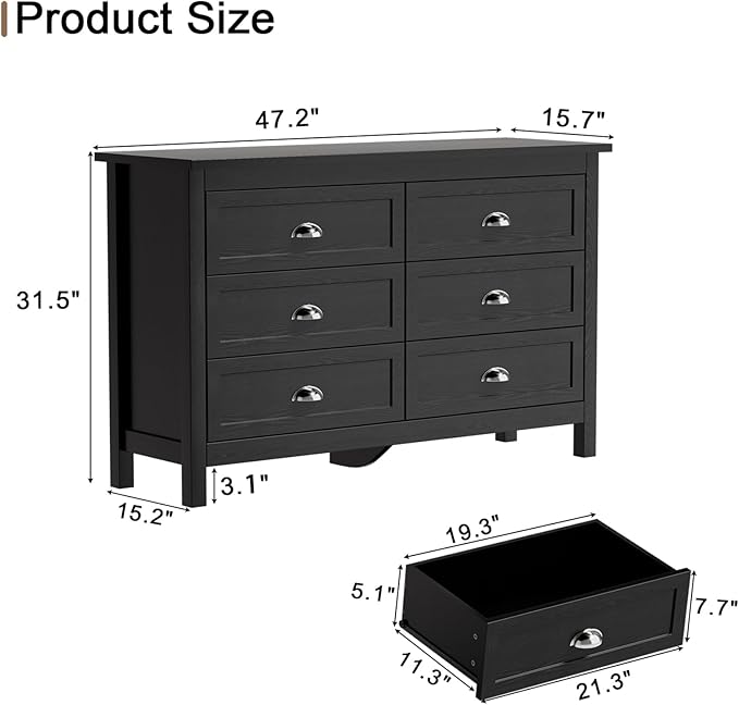 6 Drawer Dresser, Farmhouse Dresser for Bedroom, Antique Black Chest of Drawers, Modern Double Dressers for Bedroom, Closet