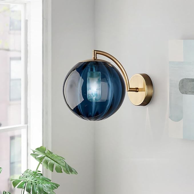 KCO Lighting Vintage Blue Glass Wall Sconce Brushed Gold Wall Sconces Mid Century Modern Globe Vanity Light Round Wall Mounted Light Fixture for Bedroom Bathroom Hallway