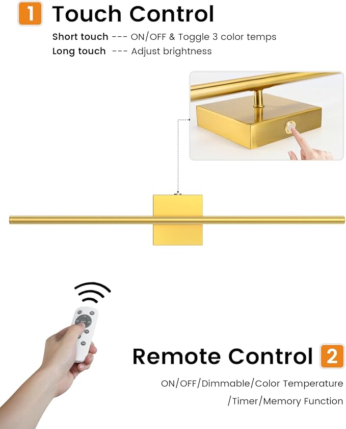 VOLISUN Battery Operated Wall Sconce Set of Two, Gold Rechargeable Wall Lights with Remote Control, 3000K-6500K Dimmable Wall Lamp, 27.6 Inch LED Wireless Wall Lights for Bedroom, Living Room,Hallway