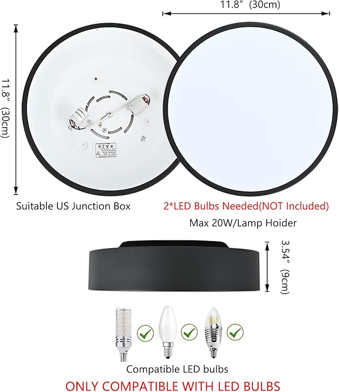 Modern Flush Mount 2-Light Round Black Ceiling Light Fixture, Minimalistic Acrylic Shade Lighting for Bedroom, Laundry Room, Foyer, Hallway (11.8")