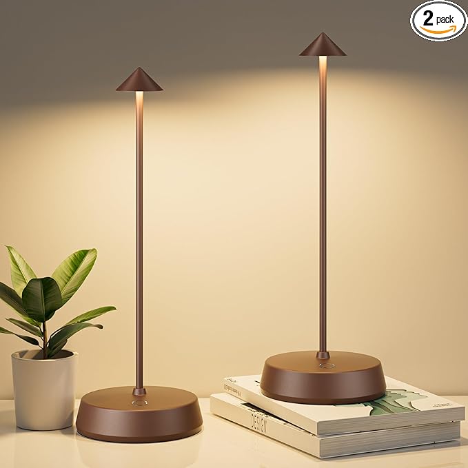 Cordless Table Lamp Rechargeable, Battery Operated 6000mAh Desk Lamp Touch Dimmable Lamp Outdoor Waterproof Portable Wireless Table Light, Small Table Lamp for Restaurant Bar/Outdoor (Brown-2PC)
