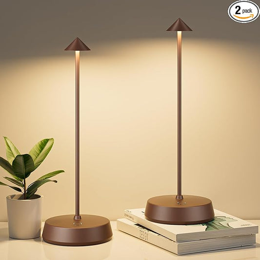 Cordless Table Lamp Rechargeable, Battery Operated 6000mAh Desk Lamp Touch Dimmable Lamp Outdoor Waterproof Portable Wireless Table Light, Small Table Lamp for Restaurant Bar/Outdoor (Brown-2PC)