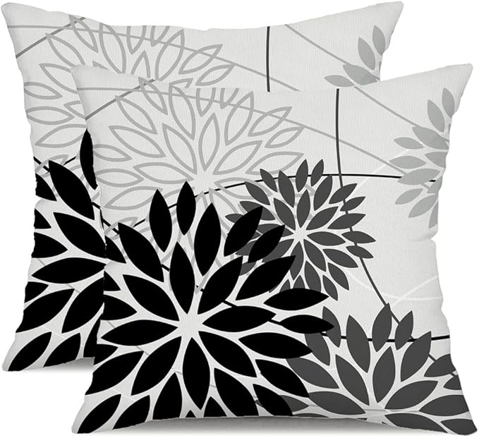 Black Grey Floral Pillow Covers 18x18 Set of 2 Outdoor Waterproof White Colored Decorative Throw Pillows Summer Pillowcase Polyester Cushion Case Decor for Couch Patio Funiture Garden Porch 01L18
