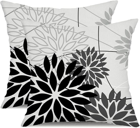 Black Grey Floral Pillow Covers 18x18 Set of 2 Outdoor Waterproof White Colored Decorative Throw Pillows Summer Pillowcase Polyester Cushion Case Decor for Couch Patio Funiture Garden Porch 01L18