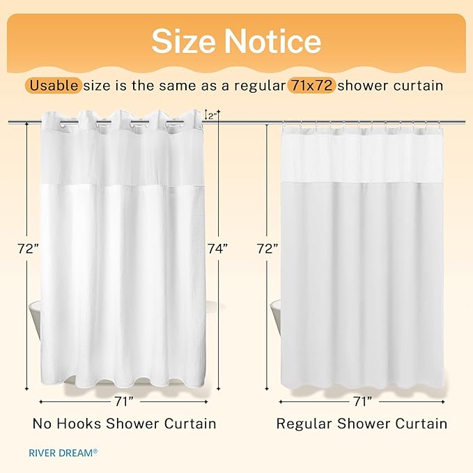 River Dream Heavyweight No Hooks Required Dotted Waffle Weave Shower Curtain with Snap in Liner，Bathroom Curtains Shower Set - 71W x 74H,Hotel Grade,Spa Like Bath Curtain,White