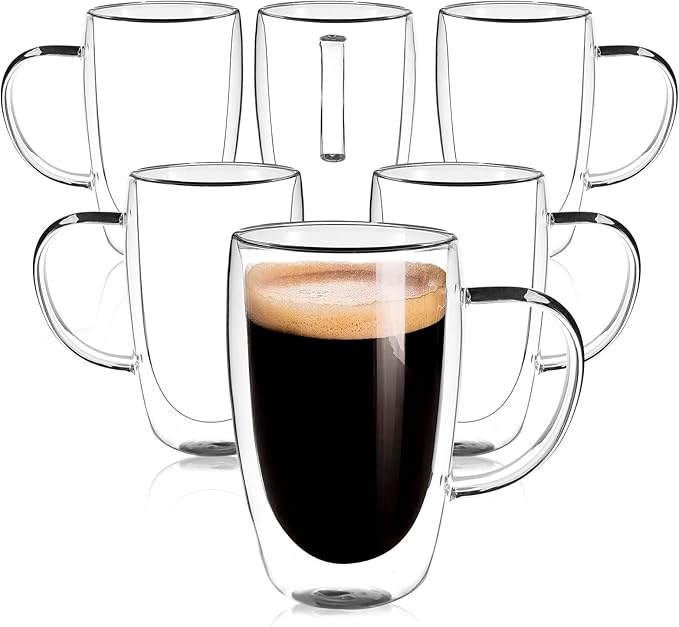 Clear Glass Double Wall Insulated Round Coffee Mugs Set of 6 Pieces - Large Size 16oz Best Reusable Coffee Mug for Home Cafe Restaurant Perfect for Espresso Capucinno Lungo Latte Coffee