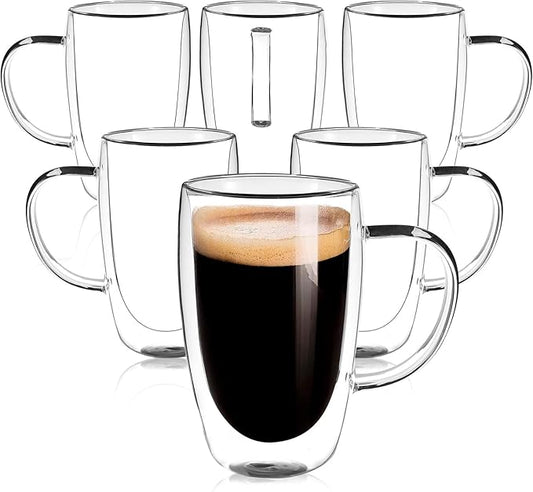 Clear Glass Double Wall Insulated Round Coffee Mugs Set of 6 Pieces - Large Size 16oz Best Reusable Coffee Mug for Home Cafe Restaurant Perfect for Espresso Capucinno Lungo Latte Coffee