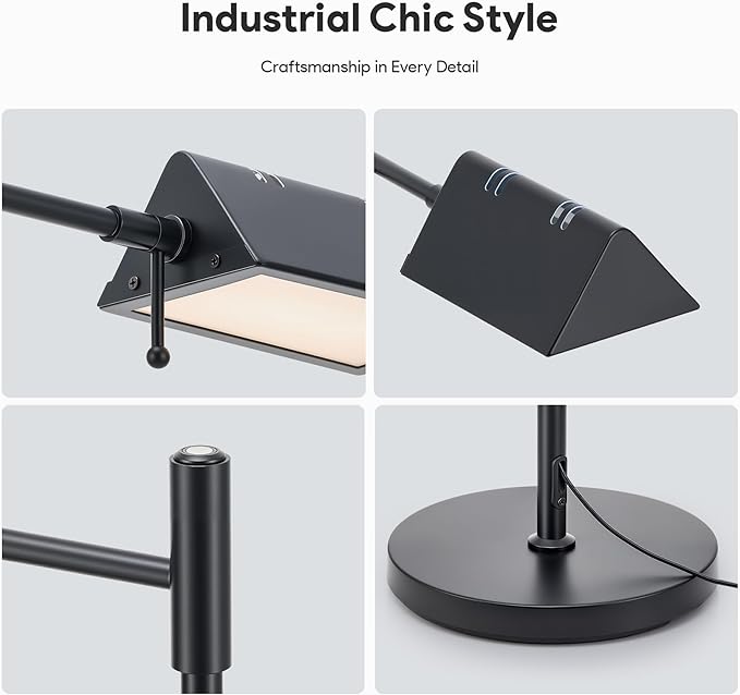 VONLUCE Dimmable LED Floor Lamp, 56" Floor Lamp for Living Room with Adjustable Height Swing Arms 3 Color Temperatures, Industrial Standing Pole Lamp for Bedroom Reading, Black