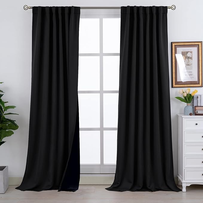 BGment Full Blackout Curtains with Thermal Insulation Liner Curtains 108 Inches Long, Rod Pocket and Back Tab Double Layer Room Darkening Window Curtain for Bedroom(52 x 108 Inch, 2 Panels, Black)