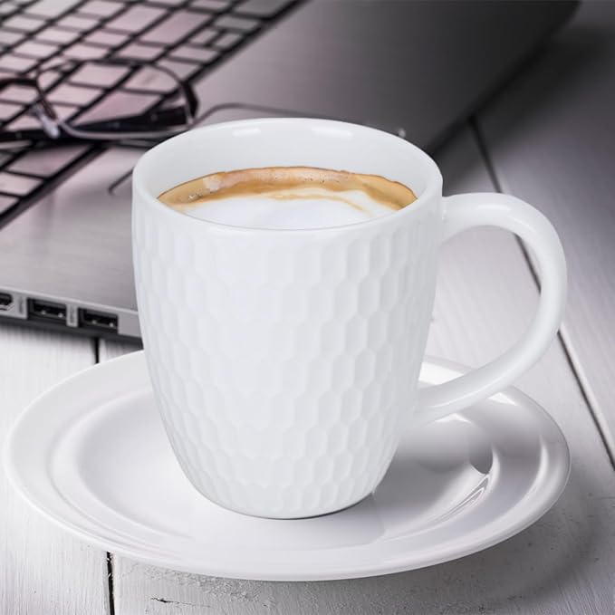 Schliersee 16 OZ Coffee Mugs Set of 6, White Ceramic Coffee Mug, Geometric Pattern Coffee Cups for Latte, Hot Tea, Cappuccino, Mocha, Cocoa, Espresso cups