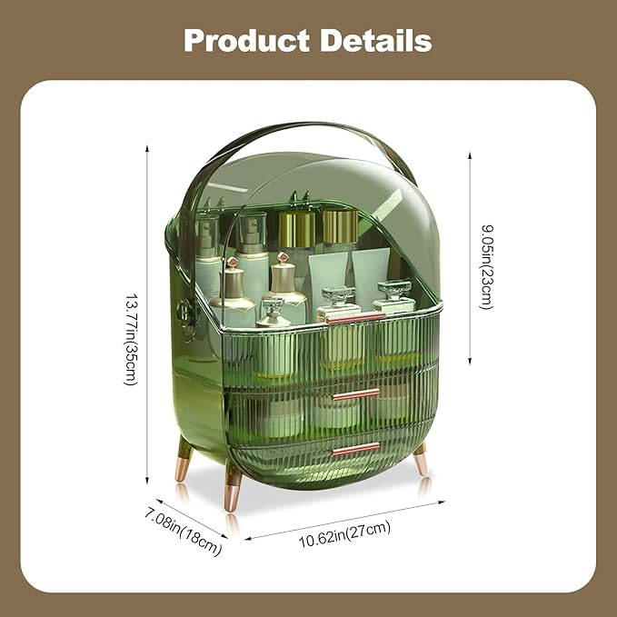 Ergocar Portable Retro Series Multi-Function Make Up Case Dustproof Cosmetic Storage Box, Skin Care Products Jewelry Organizer Finishing Box Bathroom Desktop - Retro Green
