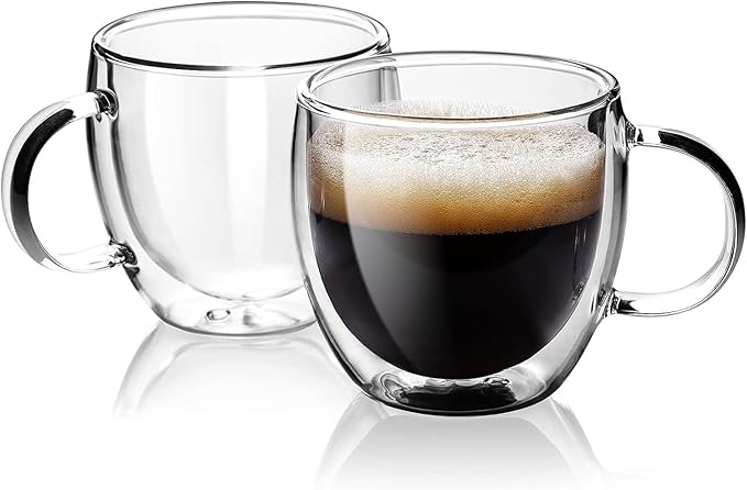 Espresso Cups Set Of 2 5 Oz, Double Walled Glass Coffee Mugs with Handle,Insulated Layer Coffee Cups,Clear Borosilicate Glass Mugs,Perfect for Cappuccino,Tea,Latte,Espresso,Hot Beverage,Wine