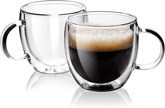 Espresso Cups Set Of 2 5 Oz, Double Walled Glass Coffee Mugs with Handle,Insulated Layer Coffee Cups,Clear Borosilicate Glass Mugs,Perfect for Cappuccino,Tea,Latte,Espresso,Hot Beverage,Wine