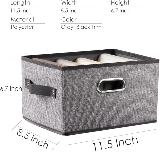PRANDOM Fodable Storage Bins for Closet [3-Pack] Decorative Fabric Storage Baskets Cubes with Leather/Metal Handles for Shelves Bedroom Living Room Grey (11.5x8.5x6.7 Inch)